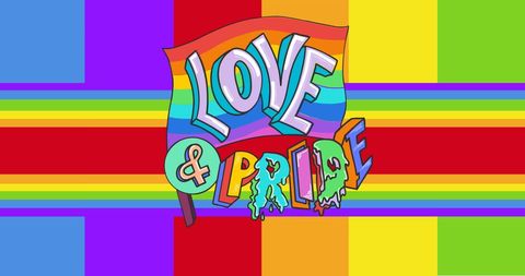 Love and Pride Text on Vibrant Rainbow Background