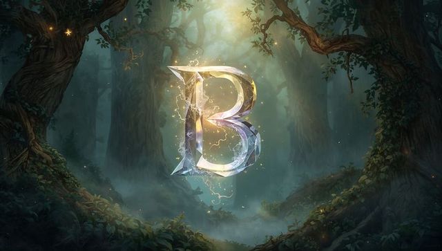 Luminous crystal letter b in enchanted forest glade