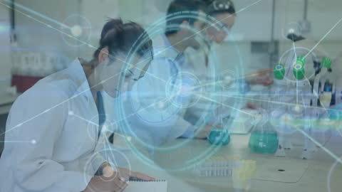 Digital Data Overlay on Scientists in Modern Laboratory