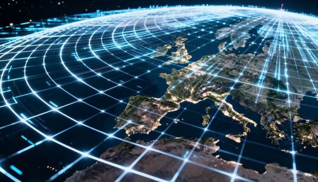 Digital network grid mapping western europe at night showing satellite links and city lights