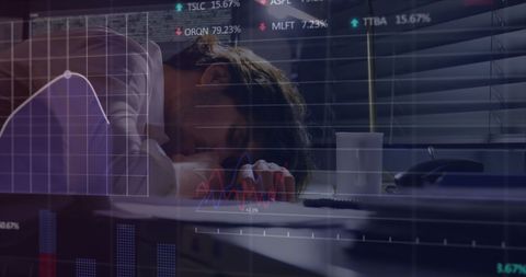 Overworked Businessman Surrounded by Digital Financial Data Graphics