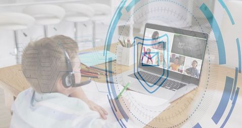 Child attending online class with headset and cybersecurity shield overlay