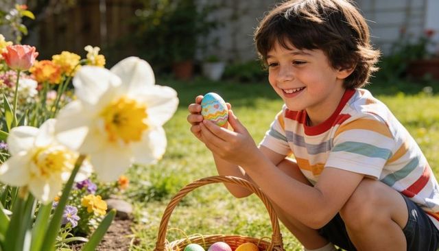 Smiling boy holding painted easter egg in sunlit garden with wicker basket and daffodils