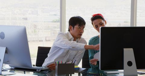 Business Professionals Collaborating at Desk with Computer - Download Free Stock Images Pikwizard.com