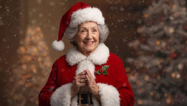 Elderly Woman Smiling in Santa Hat with Falling Snow