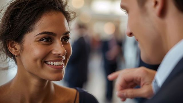 Smiling woman leaning toward man at networking reception, warm bokeh, engaged conversation