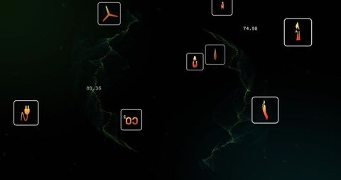 Displaying futuristic energy and emissions dashboard with floating neon icons and data visualization