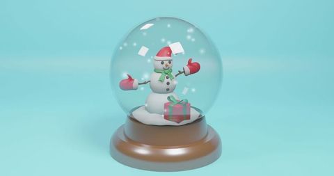 Festive Snow Globe with Cheery Snowman and Gift on Light Blue Background