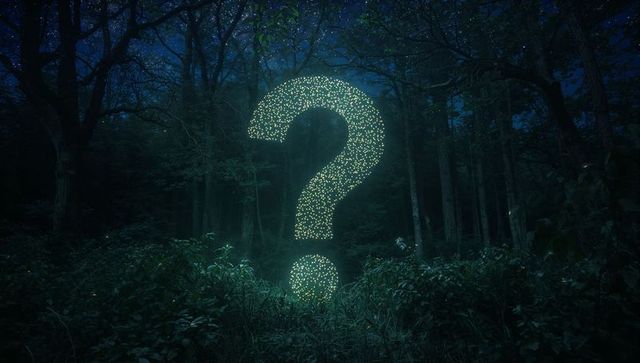 Glowing Question Mark in Mysterious Forest at Night