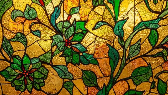 Colorful stained glass with green leaves and red berries