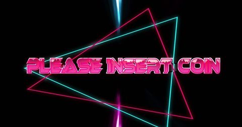 Retro neon PLEASE INSERT COIN arcade design with synthwave triangles and 3D bevel lettering