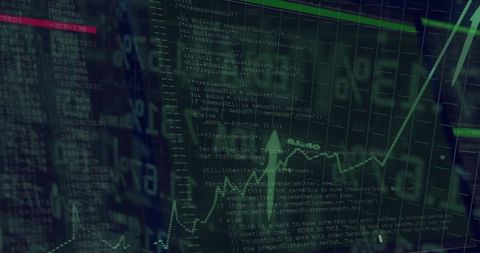 Neon green financial growth chart overlaying programming code and market data dashboard