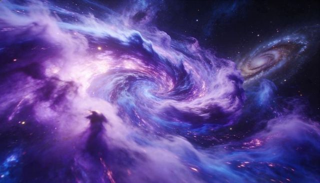 Swirling violet nebula vortex revealing glowing galactic core and distant spiral galaxy