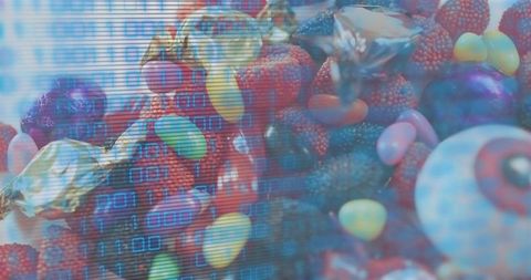 Digital candy fusion blending binary code overlay, colorful gummies jellybeans toffees