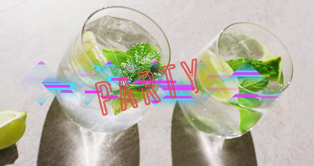 Neon Party Text with Refreshing Cocktails on White Design Table - Download Free Stock Images Pikwizard.com