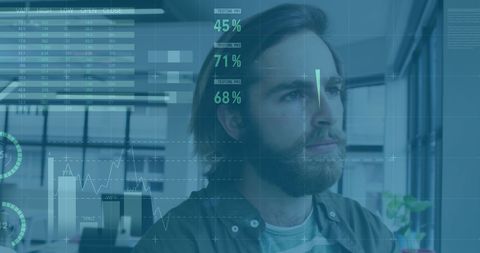 Thoughtful man analyzing business data with futuristic interface