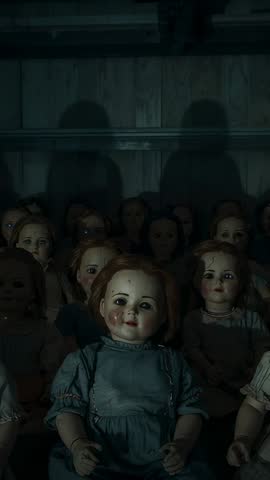 Vertical video capturing flickering light on antique porcelain dolls in dim wooden storage