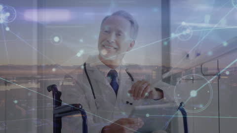Smiling Male Doctor with Digital Network Overlay