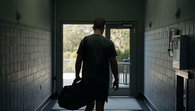 Athlete walking through backlit corridor carrying duffel and backpack toward exit