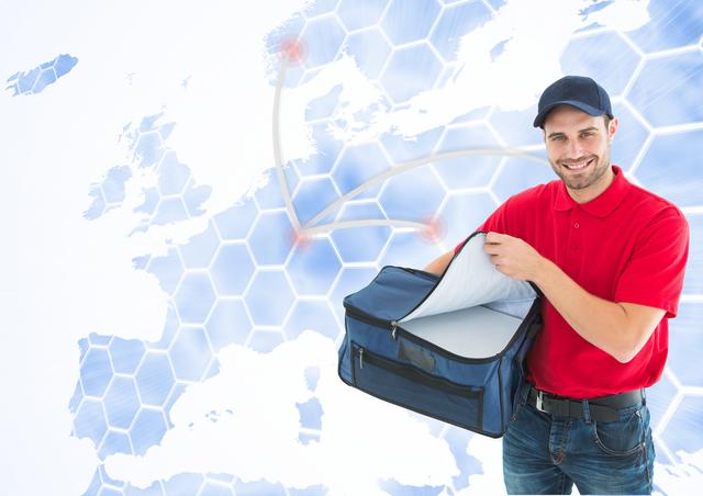 Smiling delivery man in red uniform holding an open parcel bag with a digital world map background. Ideal for illustrating global logistics, shipping services, courier companies, and international delivery networks.