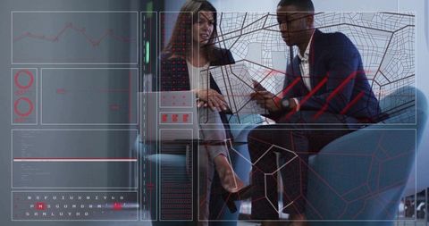 Executives collaborating over tablet with futuristic hud map and data charts