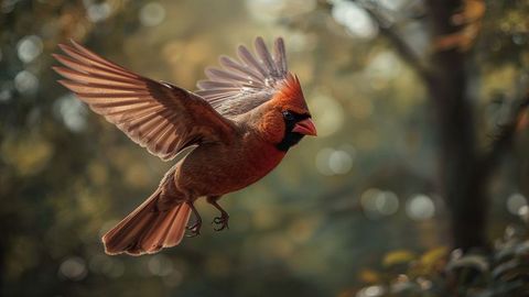 Male Northern Cardinal Flying Through Woodland with Vibrant Wings
