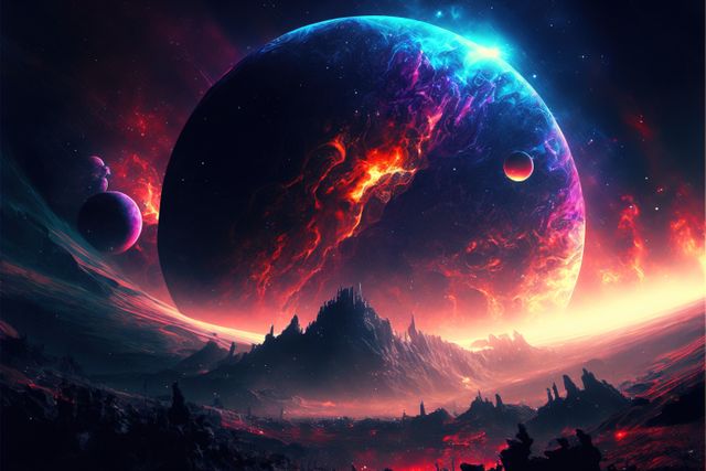 Surreal alien landscape featuring glowing planets with a dramatic, fiery sky and cosmic elements, ideal for science fiction book covers, fantasy-themed artworks, or backdrop for space-themed digital presentations.
