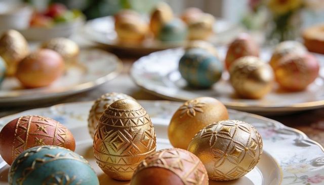 Displaying gilded embossed decorative eggs on vintage floral china plates for festive table decor
