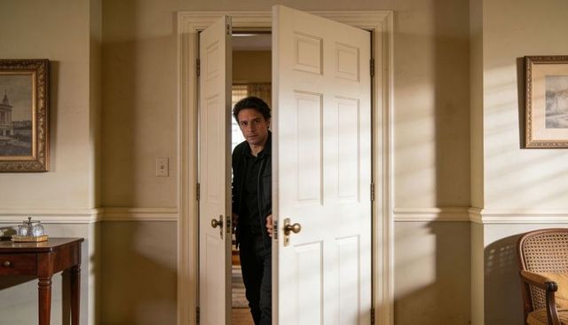 Man entering classic home foyer through white double doors with warm sunlight and shadows