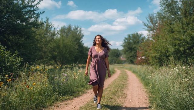 Smiling woman walking down rural dirt lane through wildflower meadow in mauve dress
