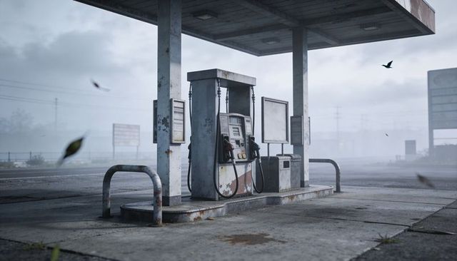 Standing rusted gas pump under foggy canopy at abandoned forecourt