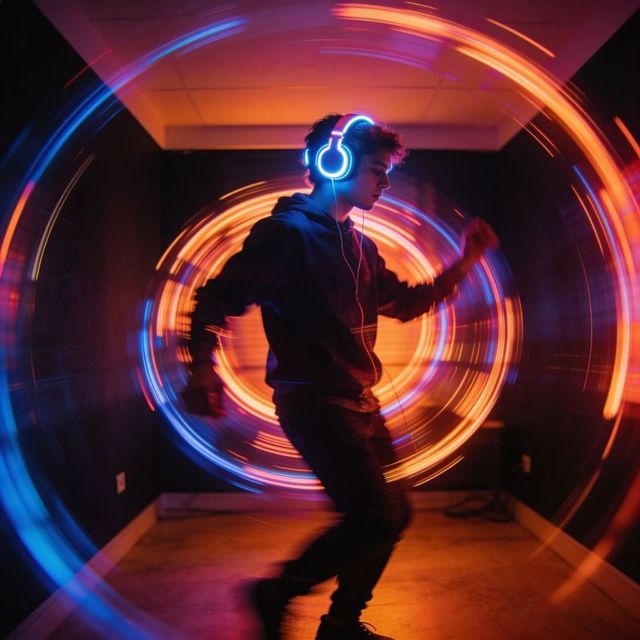 Dancing young man wearing neon headphones creating spinning light rings in dark room