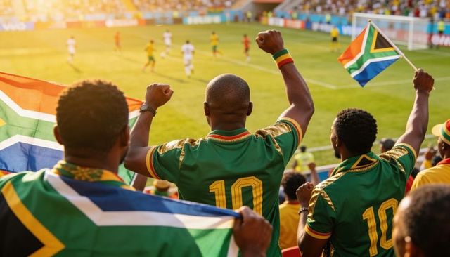 South african fans cheering in stadium wearing green number 10 jerseys waving flags