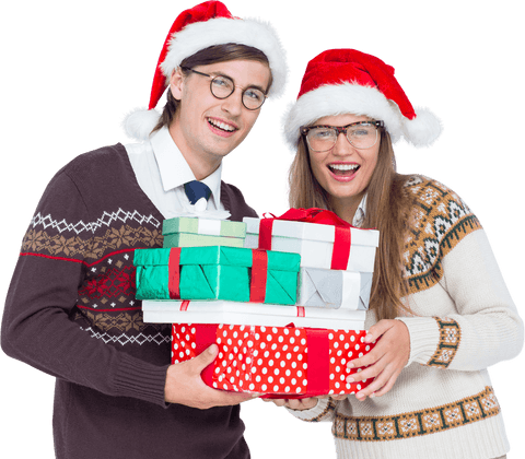 Happy Couple in Santa Hats Holding Christmas Gifts Transparent Background