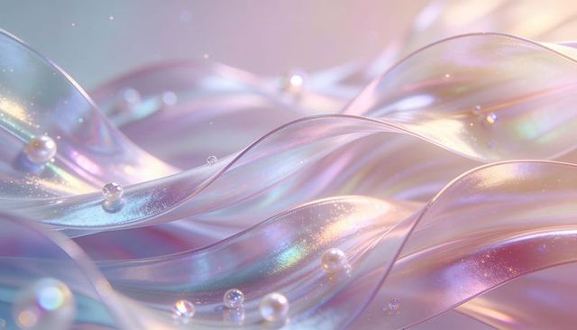 Flowing iridescent ribbon waves with pearlescent beads, pastel opalescent dreamscape