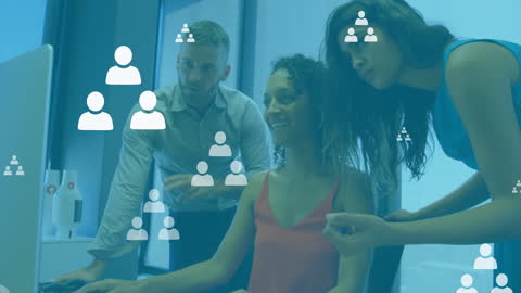 Diverse Team Collaborating with Digital Interface Icons Overlay