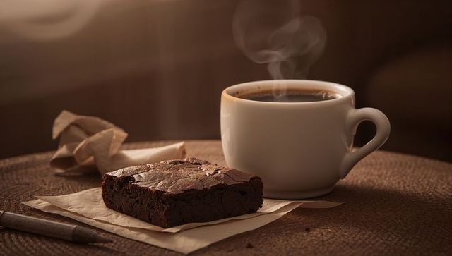 Steaming Cup of Coffee with Fudgy Chocolate Brownie on Rustic Woven Placemat Cozy Morning Moment