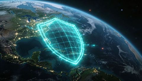 Cyan wireframe cyber shield protecting eastern us at night over earth with network nodes
