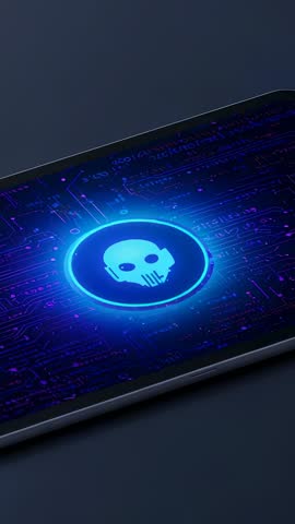 Vertical video sliding phone revealing pulsing neon skull icon over futuristic circuit interface