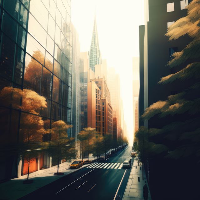 Busy modern city street with tall skyscrapers reflecting sunlight at sunrise, flanked by trees. Ideal for depicting urban life, city living, and architectural development. Suitable for use in urban planning materials, travel brochures, and business adverts.