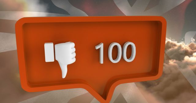 Dislike icon in a red speech bubble with thumbs-down emoji and number 100 contrasted against clouds and what appears to be the United States flag design, encompasses themes of social media dynamics and user feedback. Suitable for illustrating concepts around online reactions, user engagement metrics, and communication shifts in digital spaces.