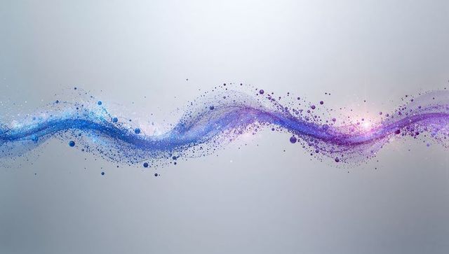 Flowing cyan-to-magenta particle ribbon with sparkles, droplets and light flare