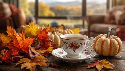 Steaming gold-rimmed floral teacup on rustic table with mini pumpkins and autumn leaves