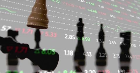 Chess piece moving over stock ticker overlay representing market strategy and risk