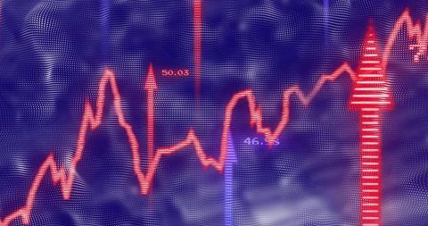 Displaying neon red financial trend line with upward arrow and analytics visualization