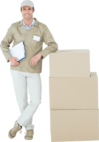 Transparent Image of Smiling Delivery Man with Clipboard and Stacked Boxes - Download Free Stock Videos Pikwizard.com