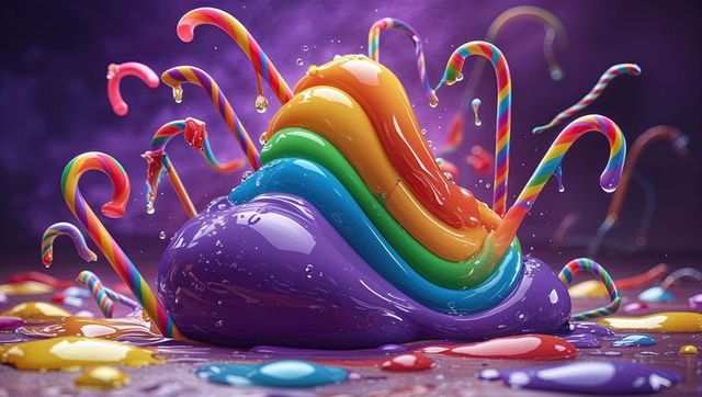 Colorful Rainbow Slime Splash with Candy Stripes in Studio