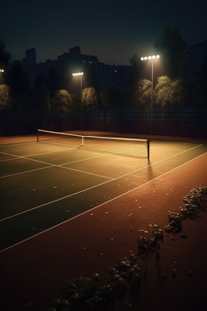 Scene depicts an empty tennis court at night with bright lights illuminating the net and the surrounding area, creating a peaceful and serene atmosphere. This can be used to illustrate concepts related to outdoor sports, nighttime activities, urban recreational facilities, or providing a calming backdrop for articles and advertisements.