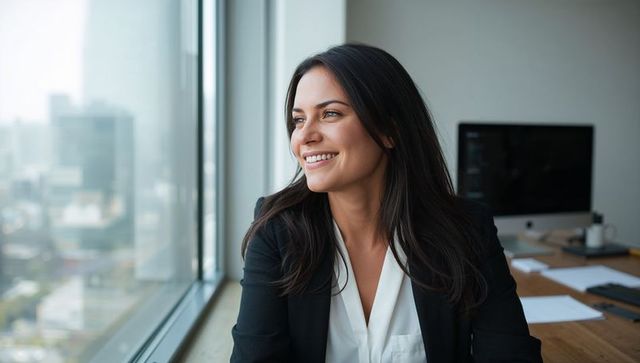 Professional Woman Smiling in Modern Office Looking at Cityscape