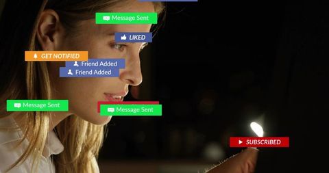 Intimate portrait of woman holding match, glowing flame and social notification overlays